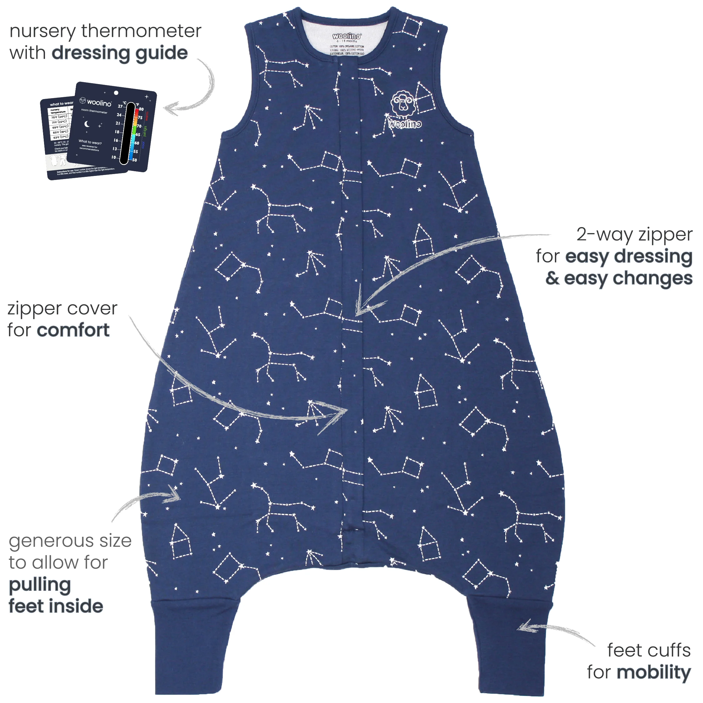 4 Season® Baby Sleep Bag with Feet, Merino Wool & Organic Cotton, Night Sky™ - Image 6