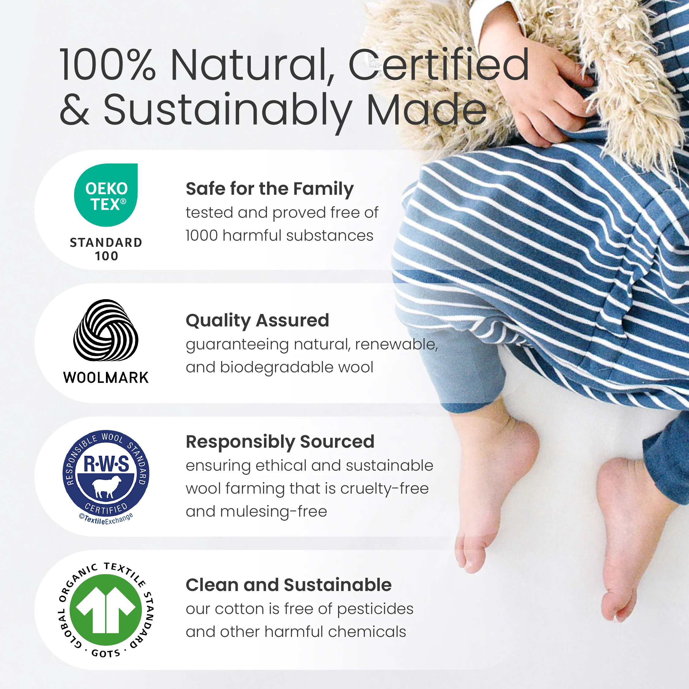 4 Season® Baby Sleep Bag with Feet, Merino Wool & Organic Cotton, Teddy Bear - Image 7