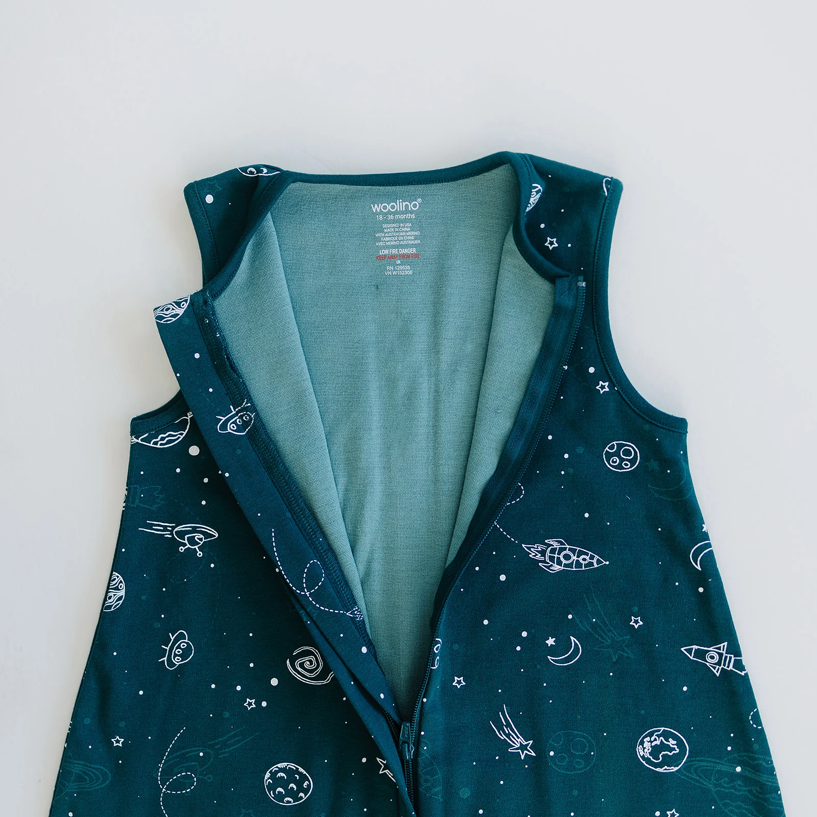 4 Season® Baby Sleep Bag with Feet, Merino Wool & Organic Cotton, Space - GLOW IN THE DARK - Image 8