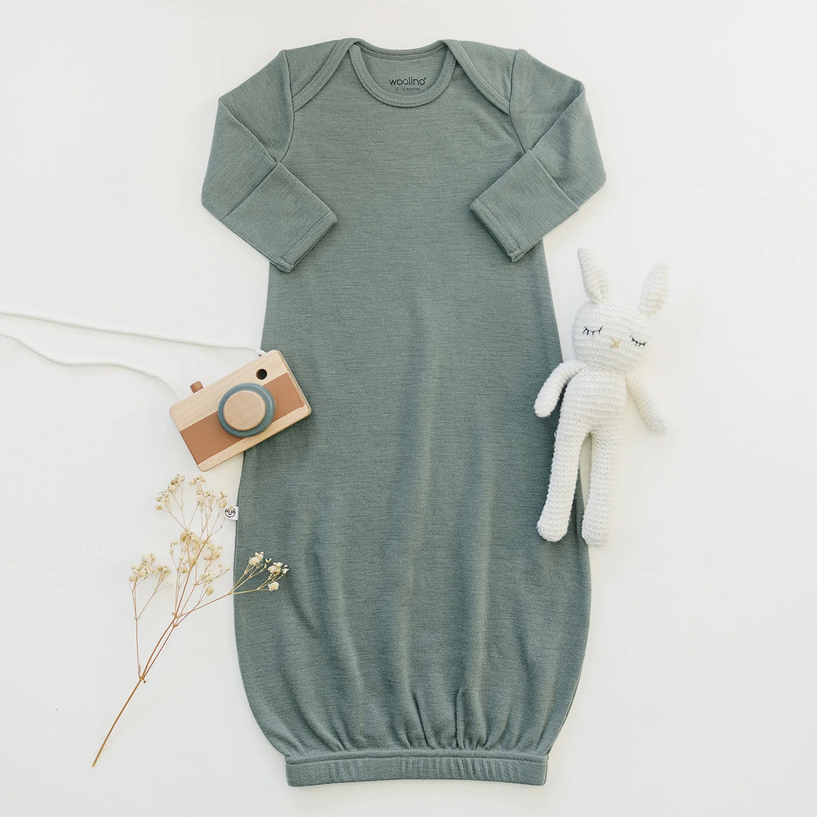 Baby Gown, Merino Wool, 0-6 Months, Sage - Image 5