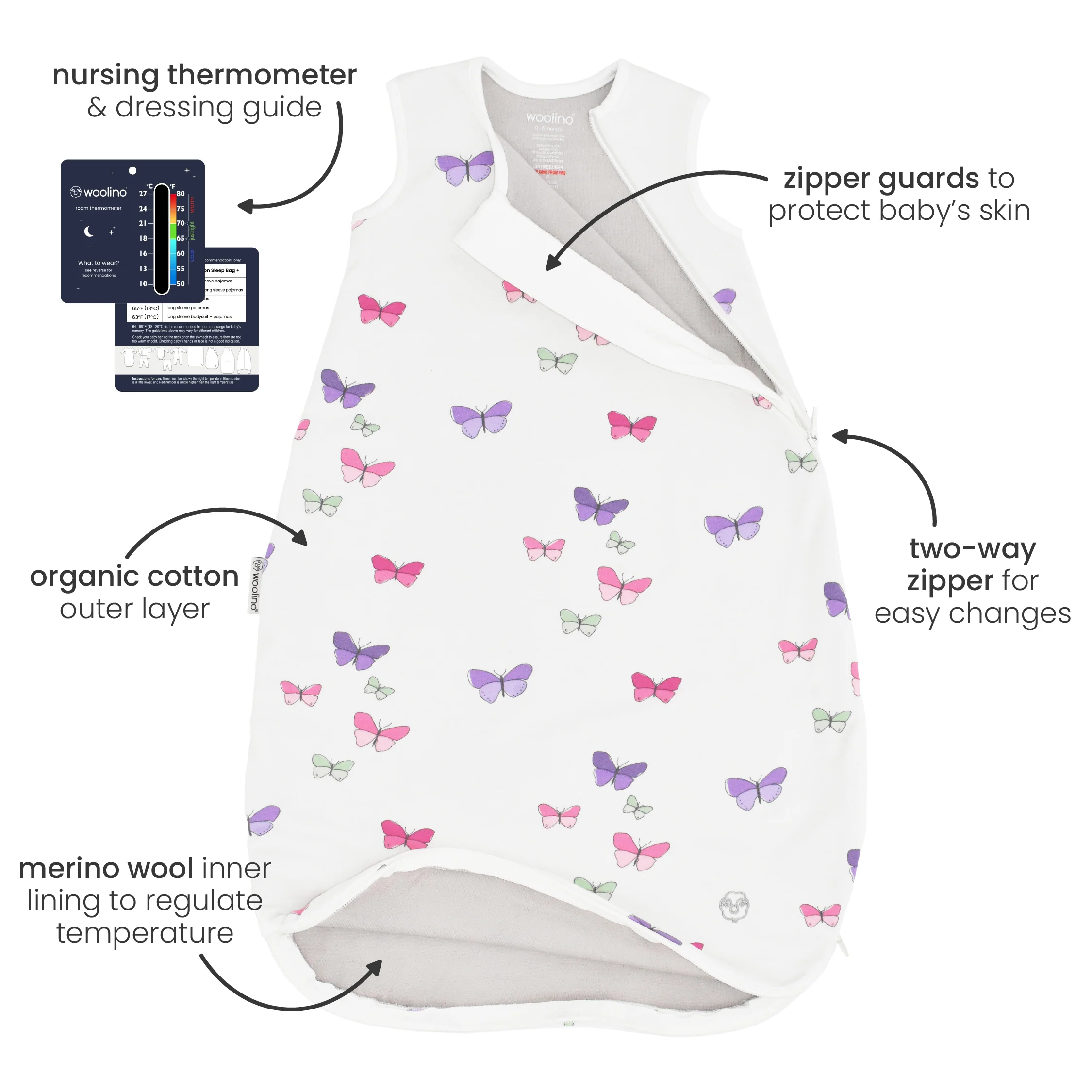 4 Season® Classic Baby Sleeping Bag, Merino Wool & Organic Cotton, Butterfly - Image 7