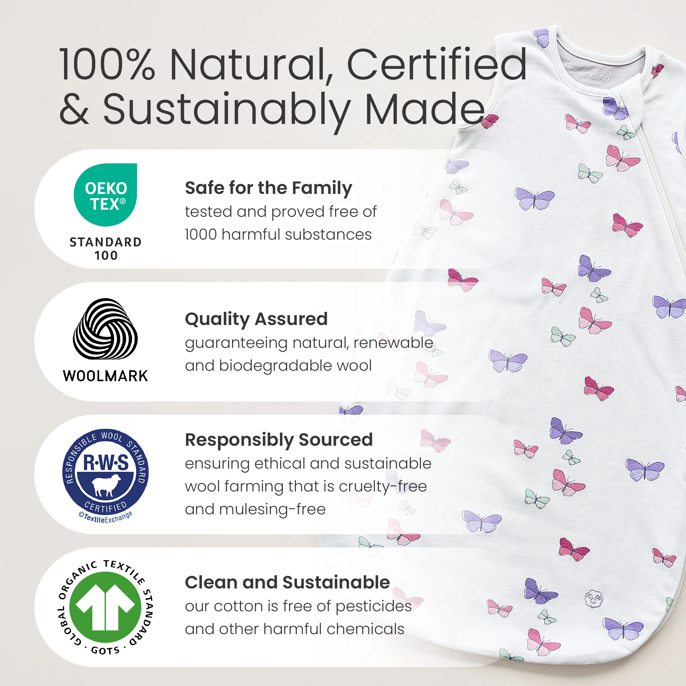 4 Season® Classic Baby Sleeping Bag, Merino Wool & Organic Cotton, Butterfly - Image 8