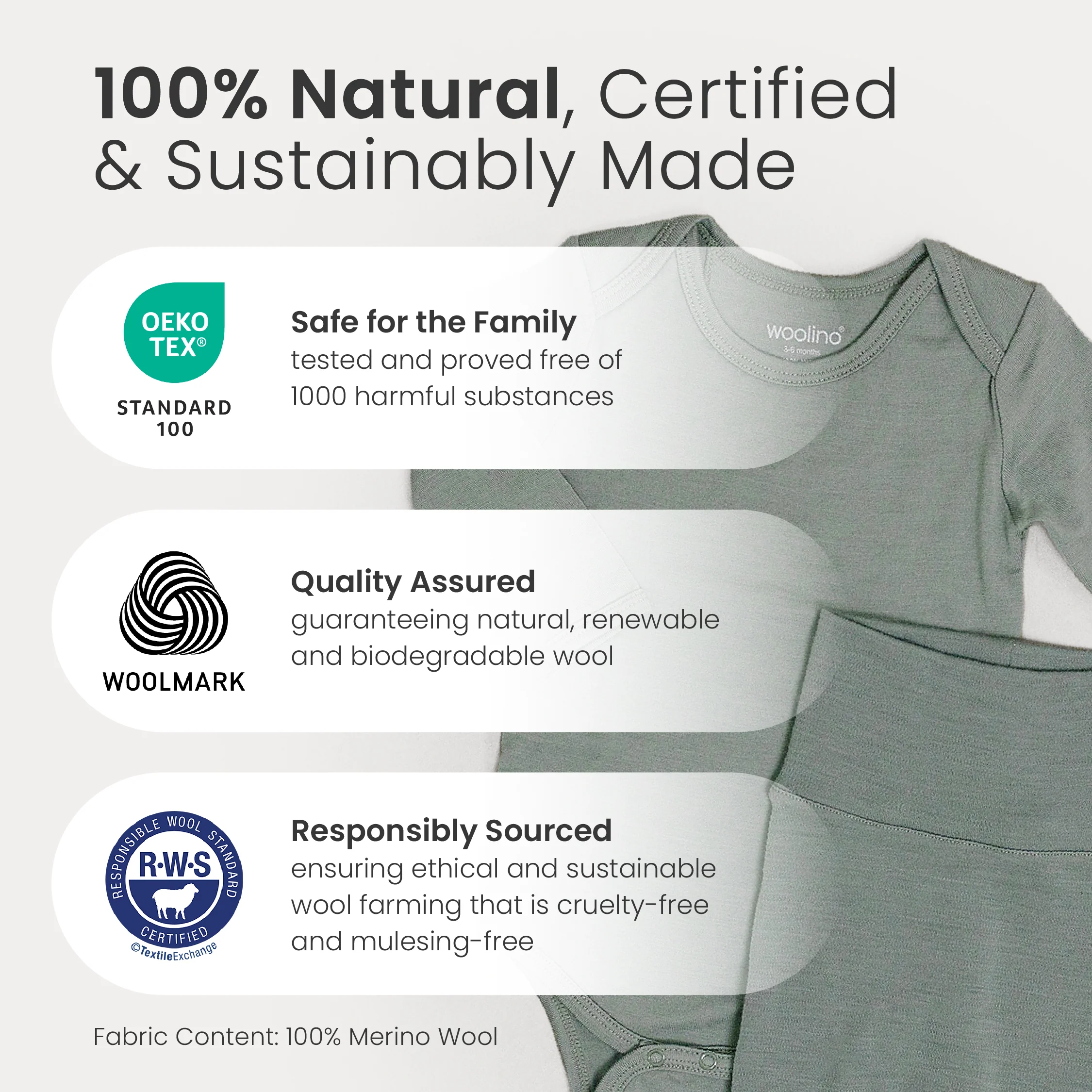 Baby Bodysuit, Long Sleeve, Merino Wool, Oat - Image 5