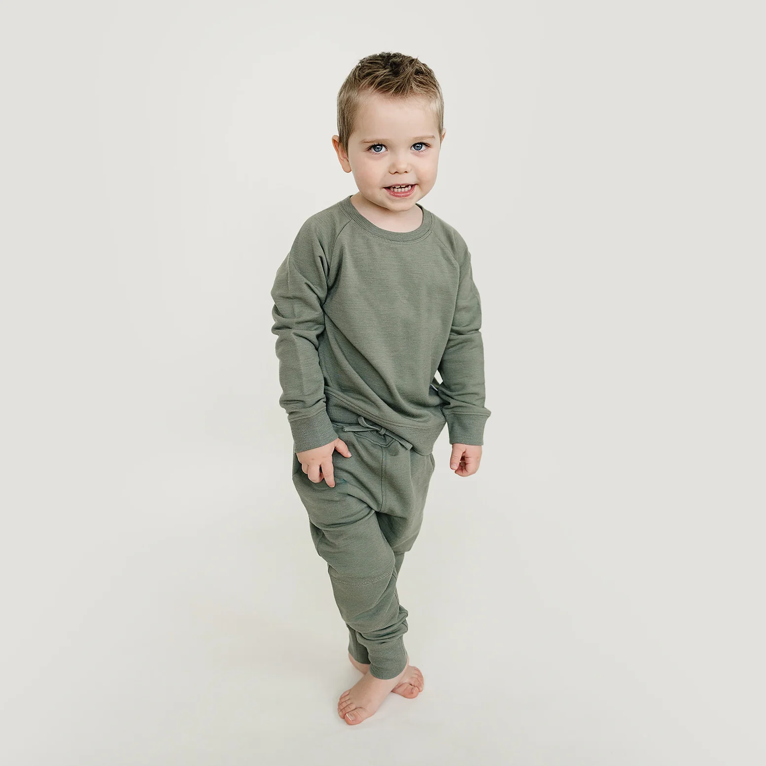 Kids Merino Wool Crew Neck Sweatshirt, Olive - Image 3