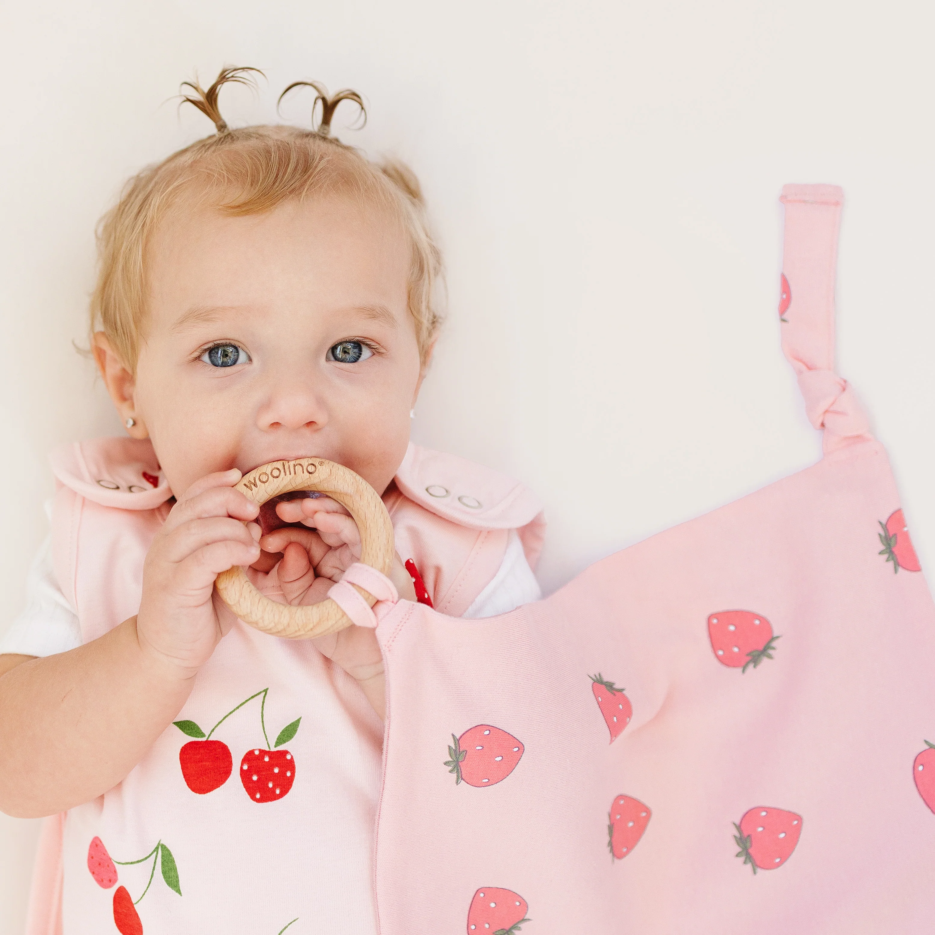 Lovey, Merino Wool and Organic Cotton with Removable Teething Ring, Strawberry - Image 4